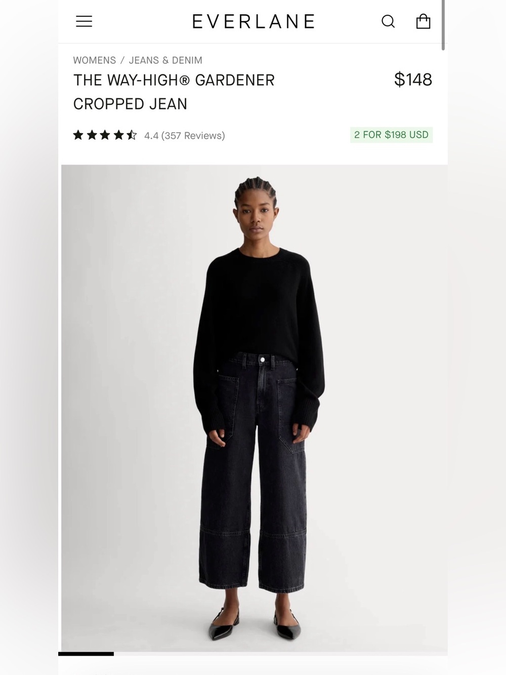 Everlane Black Way-High Gardener Cropped Wide-Leg Jeans